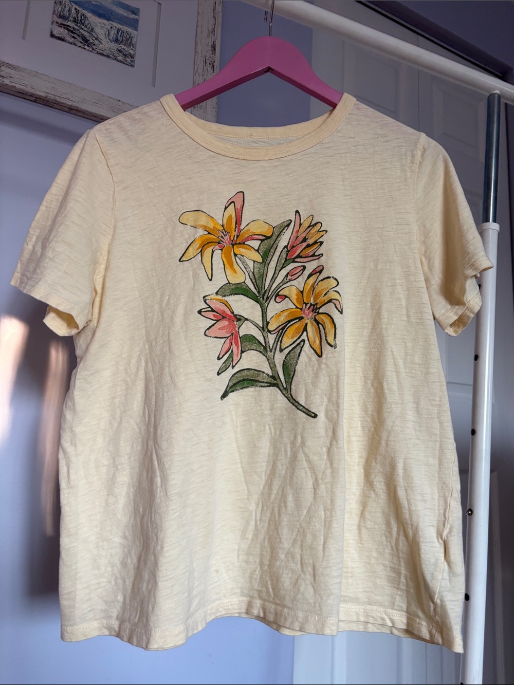 Buttery Yellow Tee with Orange & Pink Floral Graphic